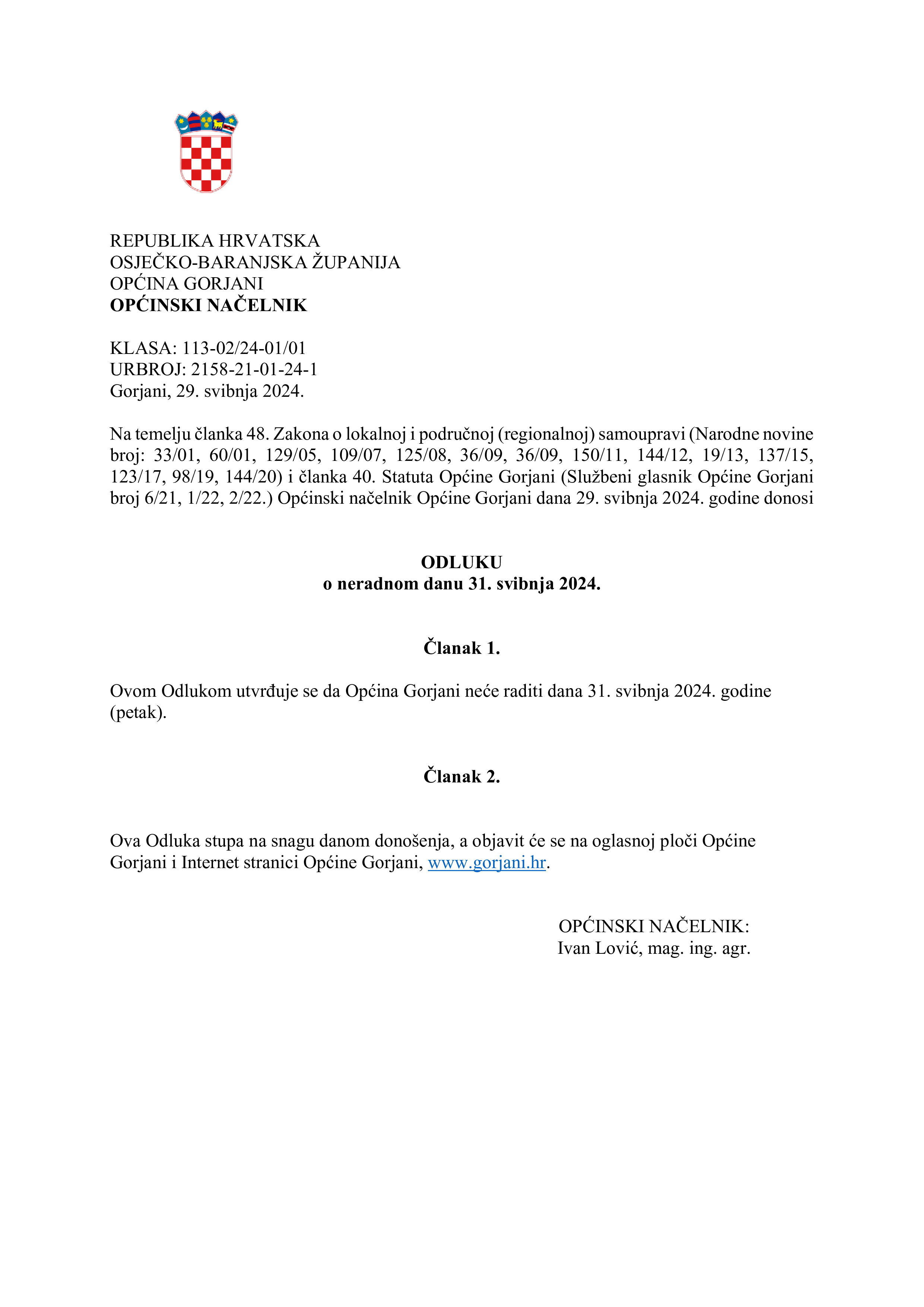 1 Odluka neradni dan 31